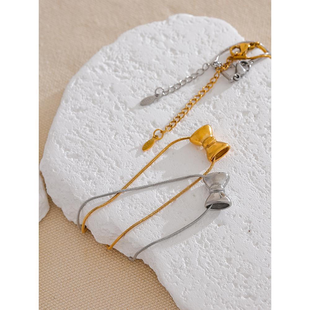 Yhpup Stainless Steel Cast Fashion Bow Knot Pendant Crossover Chain High Quality Textured Necklace Waterproof Trendy Jewelry