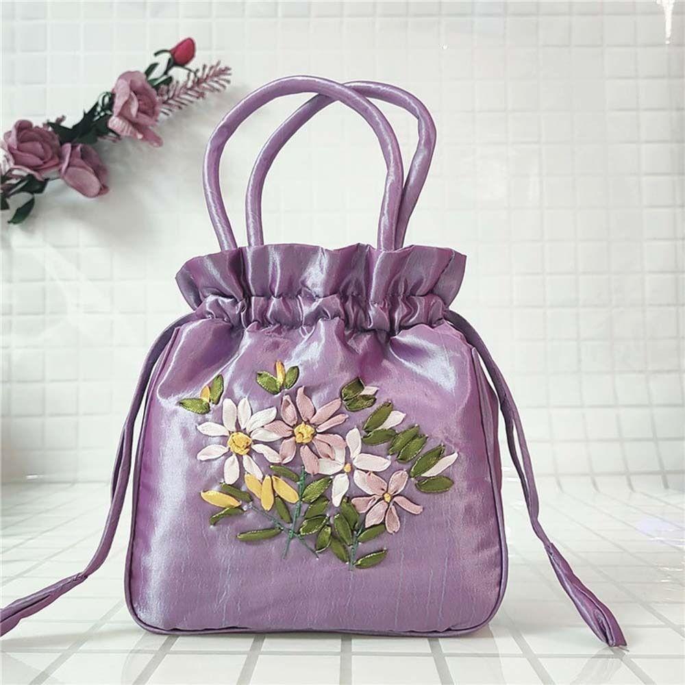 Leaf Embroidery Flower Handbag Satin Silk Small Purse Wallet Sweet Hanfu Drawstrings Bag  Shopping