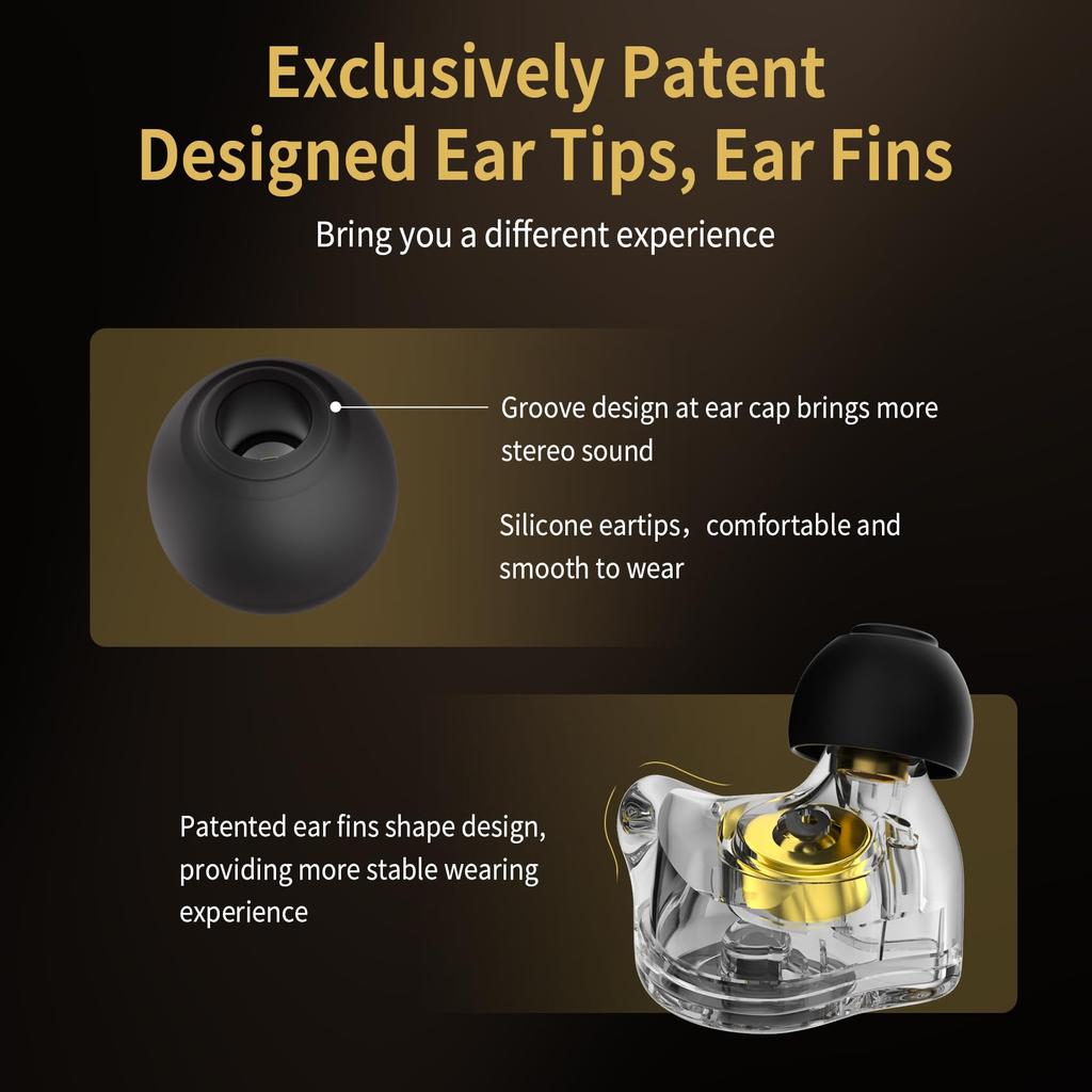 CCZ MC02 Gaming HiFi IEM Clear Crystal Sound Gaming 10mm 1DD Headphones with Patented Earphone Tips Ear Fins for Students No In-Ear Monitors,