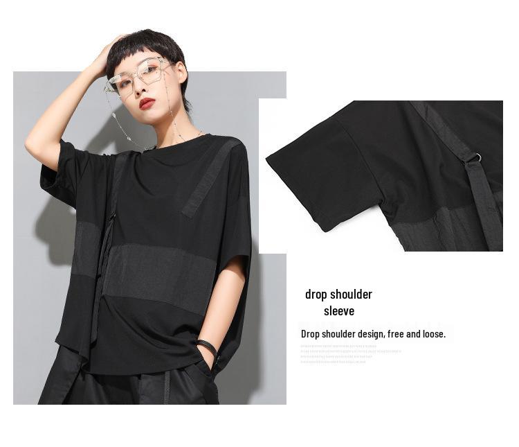 Evropské a americké dámské letní gotické patchworkové tričko, kulatý výstřih, krátký rukáv, trendy BF styl streetwear.