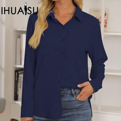 Solid Color Women's Spring/summer Fashion Lapel Long-sleeved Shirt Casual Button Style