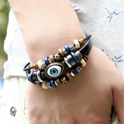 Vintage Beaded Eye Bracelets Multi-Layer Leather Rope Adjustable Bracelet Unisex Jewelry Accessries Gifts