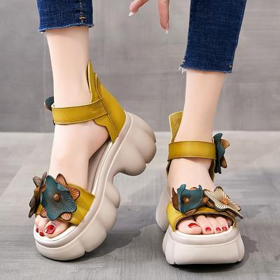 Mode GKTINOO Sandales pour Femmes Cuir Véritable 2025 Nouvelles Chaussures d'Été pour Femmes Crochet & Boucle Rétro Compensées Décontractées Plateforme Sandales pour Dames