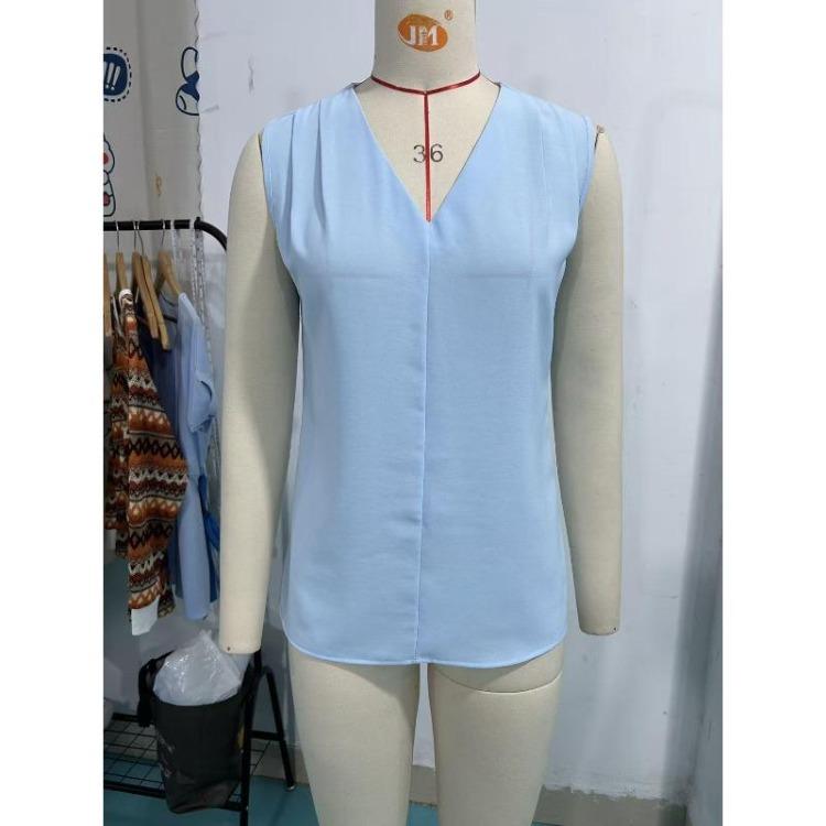 Summer Chiffon Shirt Women Loose V Neck Pleated Sleeveless Top Vest Solid Color Loose Blouse