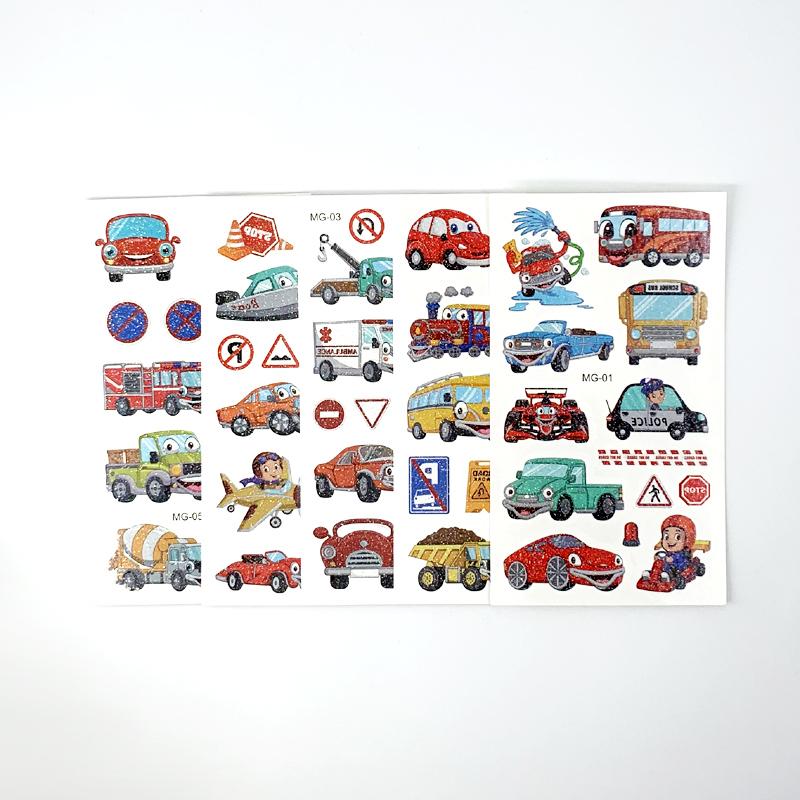 10 Fogli/Set Tatuaggi Adesivi Colorati con Polvere Glitterata Cartone Animato Animale Unicorno Principessa Veicolo Tatuaggio Temporaneo Finto per Bambini