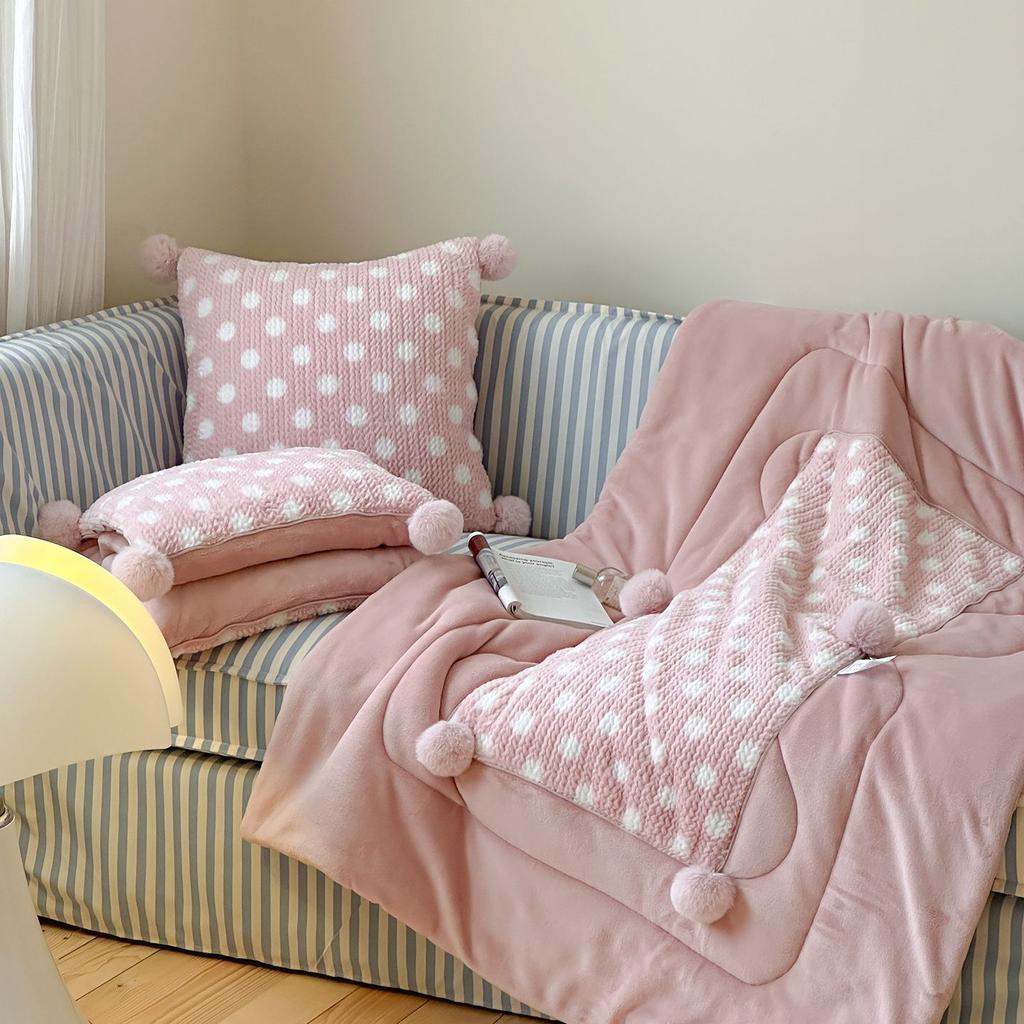 Pom Pom Pillow Blanket 2 in 1, Flannel Fleece Throw Blanket for Nap, Office, Car, Student, Plush & Thick, Removable Cover