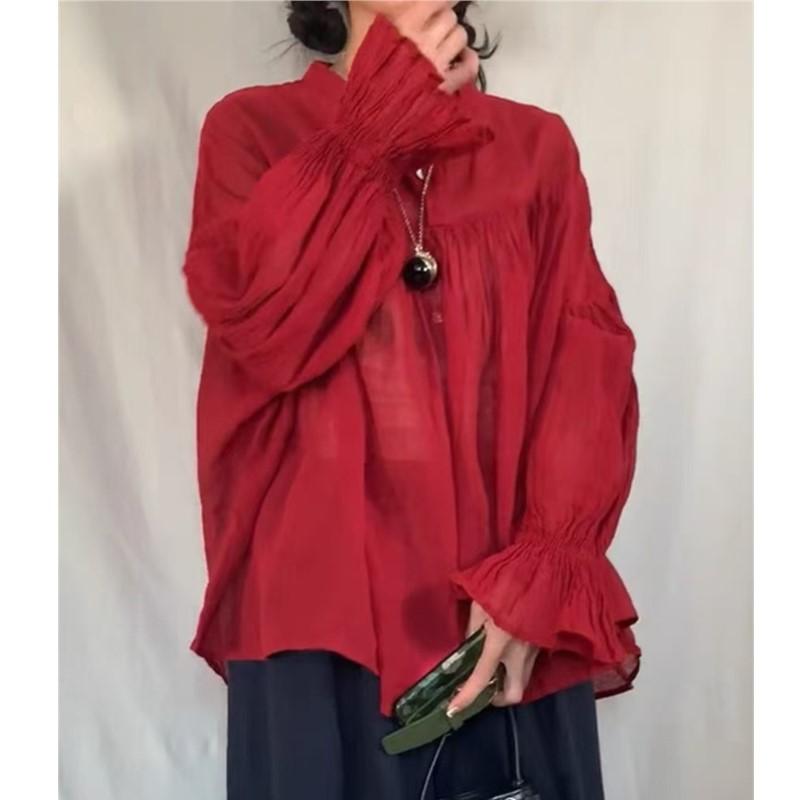 Johnature Spring Summer Forest Vintage Blouses Round Neck Stitching Light Sunscreen Irregular Shirts Women