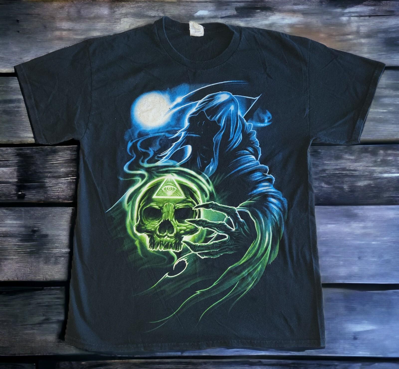 Y2K Skeleton Grim Reaper Blue Green Graphic Multicolor 2000s Shirt Tee L Short Unisex T-Shirt S