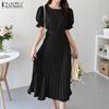 ZANZEA Women Casual Round Neck Short Sleeve Summer Pleated Dress