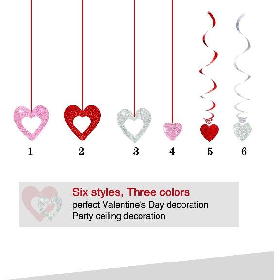48 Pcs Valentine's Day Decorations Glitter Heart Hanging Swirls,Hanging Love Heart Swirls Wedding Party Supplies Decorations, Anniversary, Ceiling