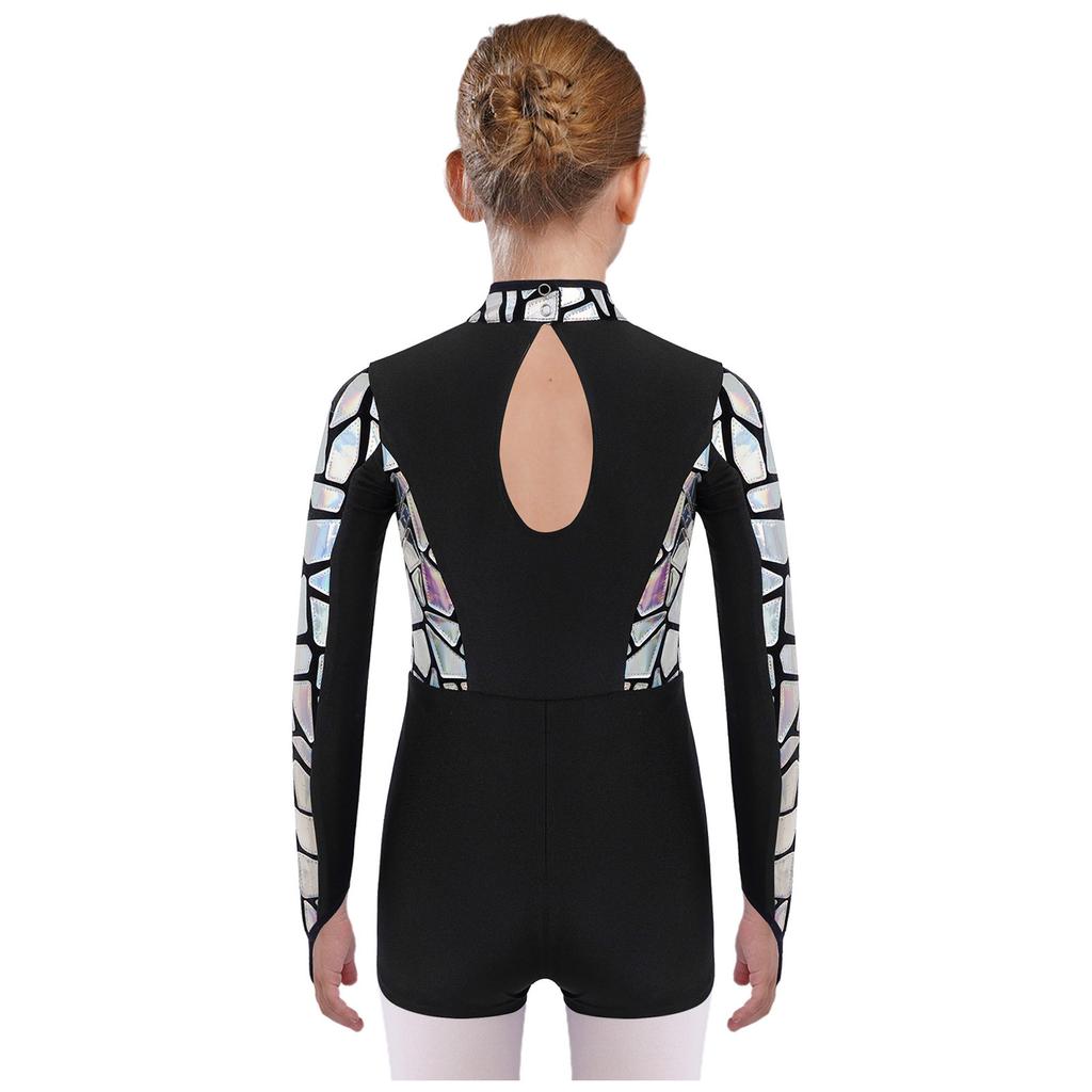 Sparkling Metallic Sequin Jumpsuit for Girls: Mock Neck Long Sleeve Keyhole Back Bodysuit for Gymnastics & Dance Shows