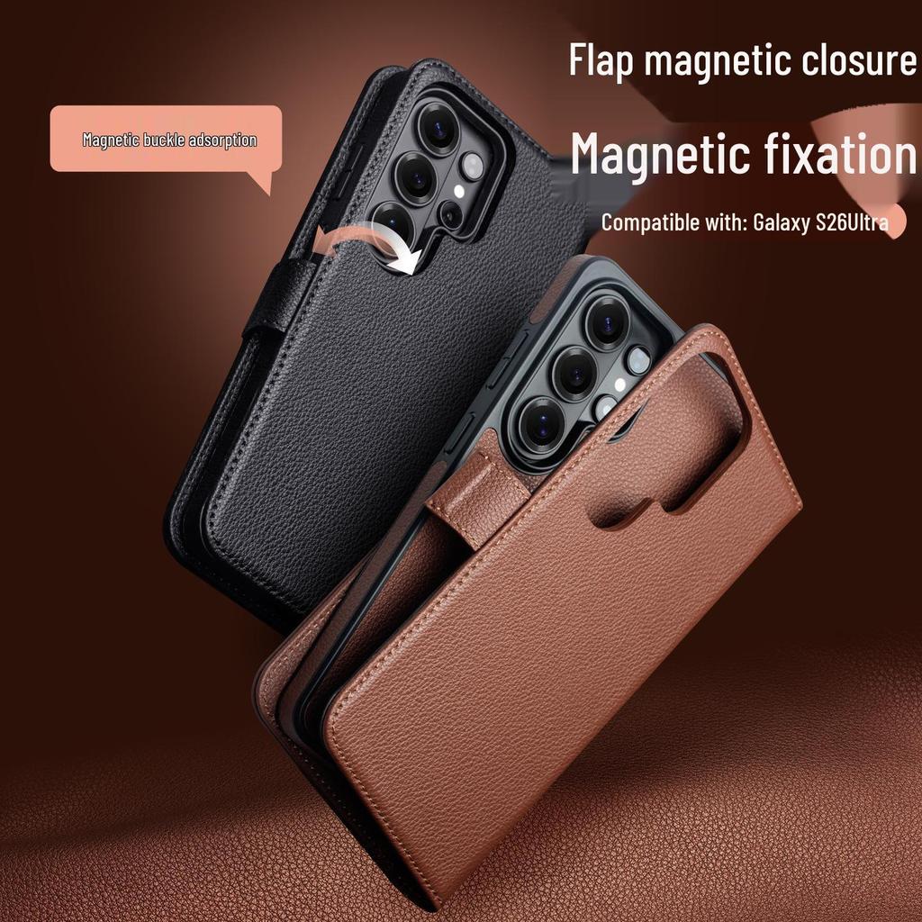 Qiali Leather Magnetic Flip Case for Samsung Galaxy S26 Ultra, Cowhide Protective Cover
