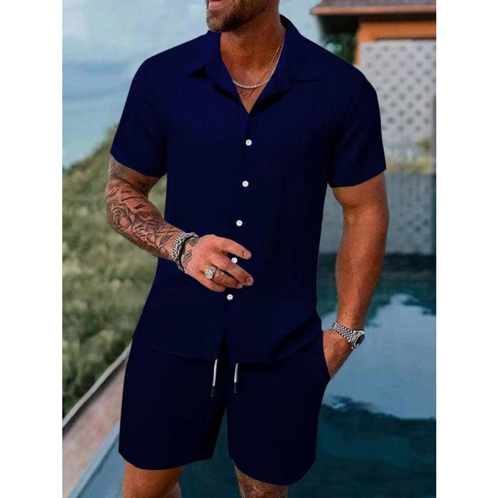 Summer Men's Solid Color Comfortable Casual Shirt Short Sleeved Beach Pants Set