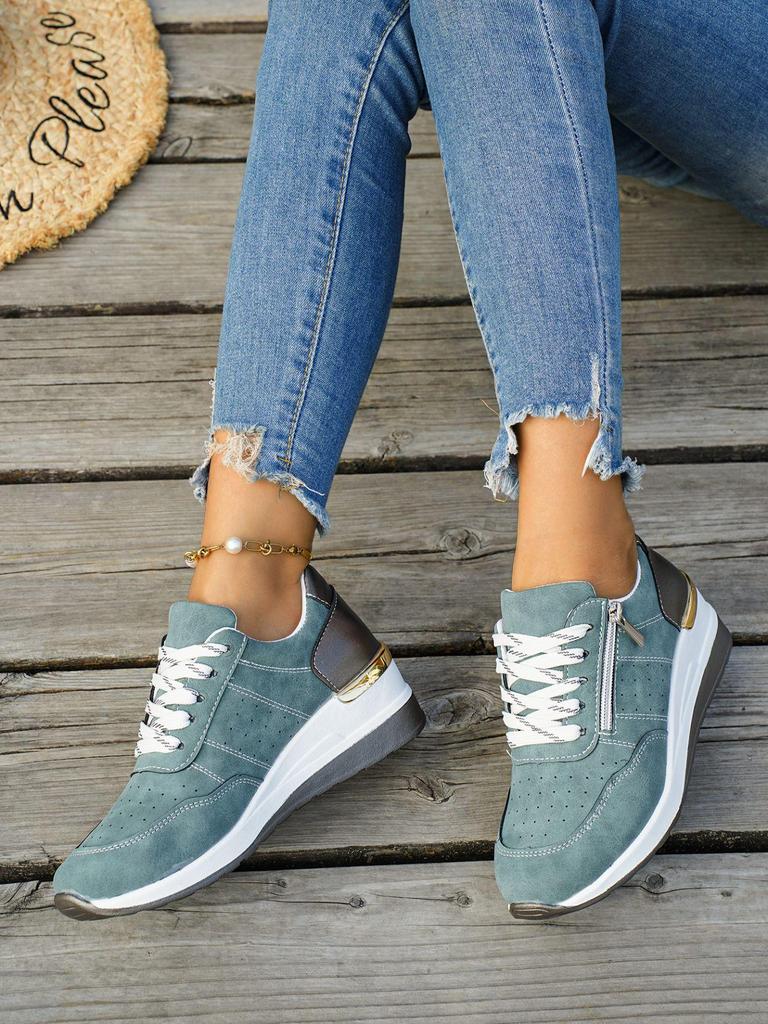 European & American Wedge Heel Fashion Sneakers: Versatile, Plus-Size, Color Block, Thick Sole Casual Shoes for Women