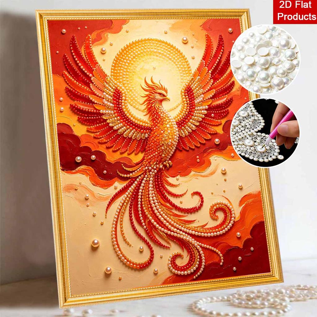 Phoenix pearl painting kit features 5D pearls and a mystic bird mosaic art style. perfect for elegant home wall decoration.