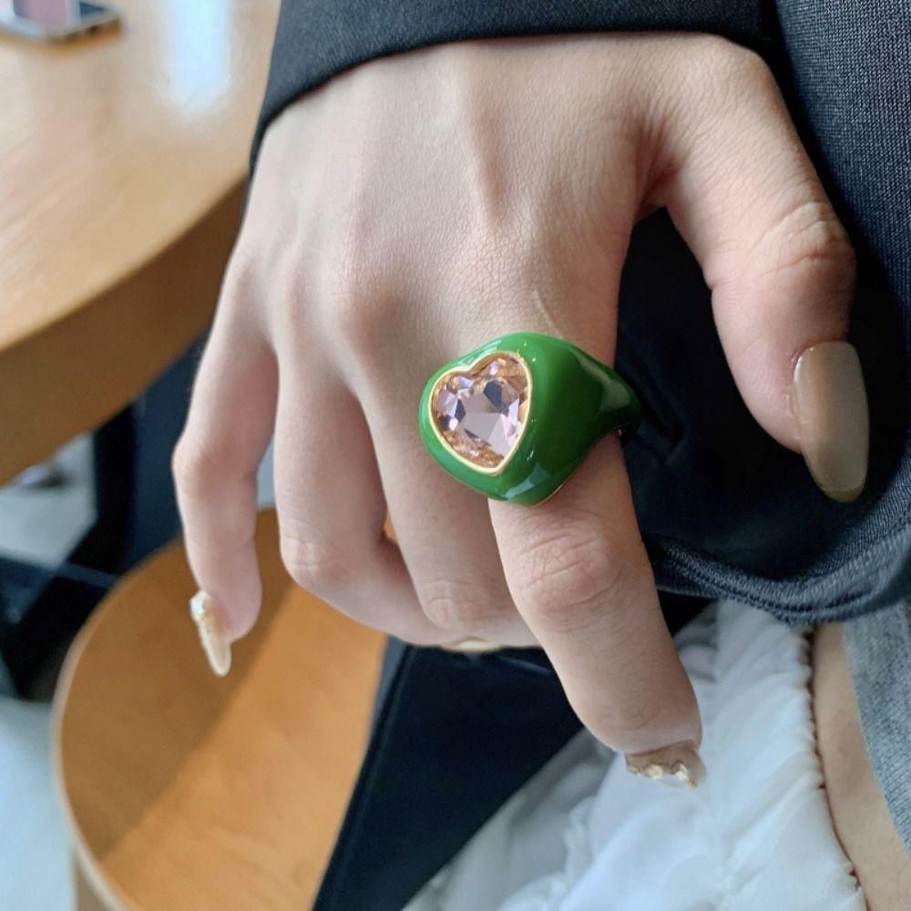 Stainless Steel Gemstone Heart Enamel Ring Geometric Solid Color Ring  Gift