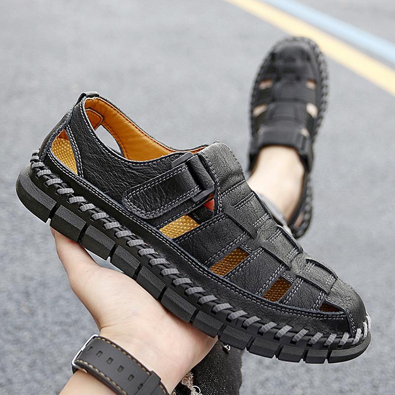 Fashion High-End Flats Leather Italian Men's Sandals Summer New Style Vintage Hollow Out Casual Shoes Comfortable Breathable Footwear