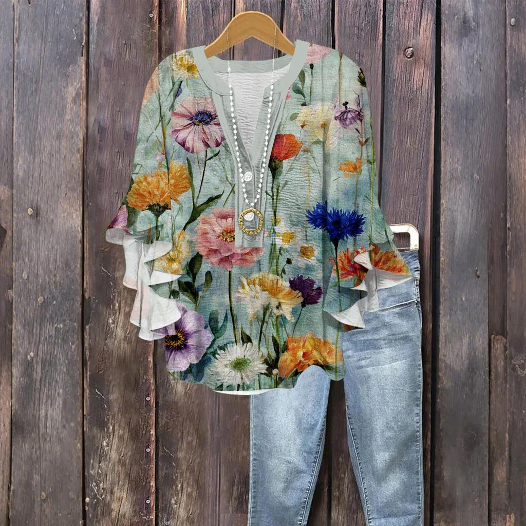 Damenmode Knopf V-Ausschnitt Rüschen Siebenärmel Bluse Geblümtes Top