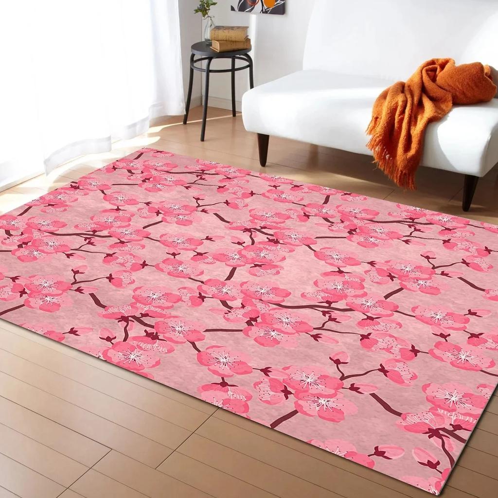 Pink Cherry Blossom Carpet Romantic Floral Spring Carpet | Non-Slip Floor Mat for Girl's Bedroom Bedside Living Room Rugs