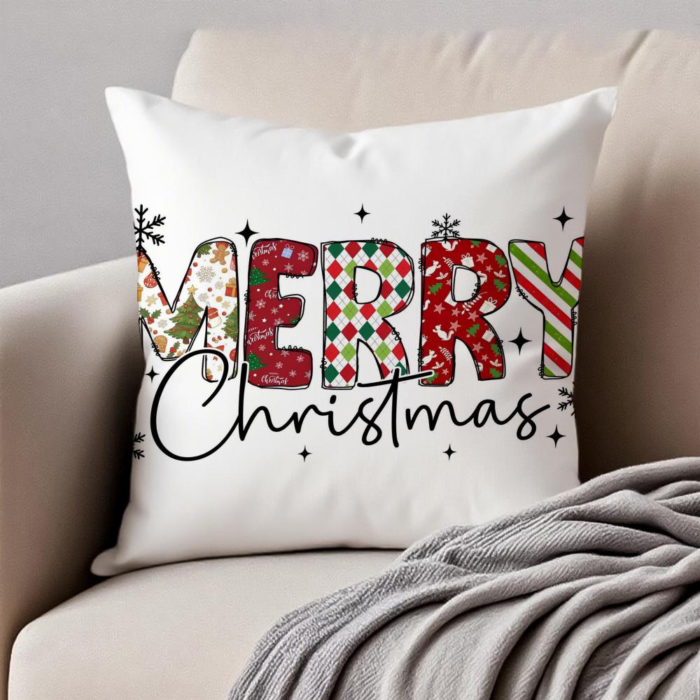 Happy Red Festive Cozy Art Merry Christmas Cushion Cover Pillowcase Anti-Dustmite Invisible Zipper Short Plush Sofa Cushion
