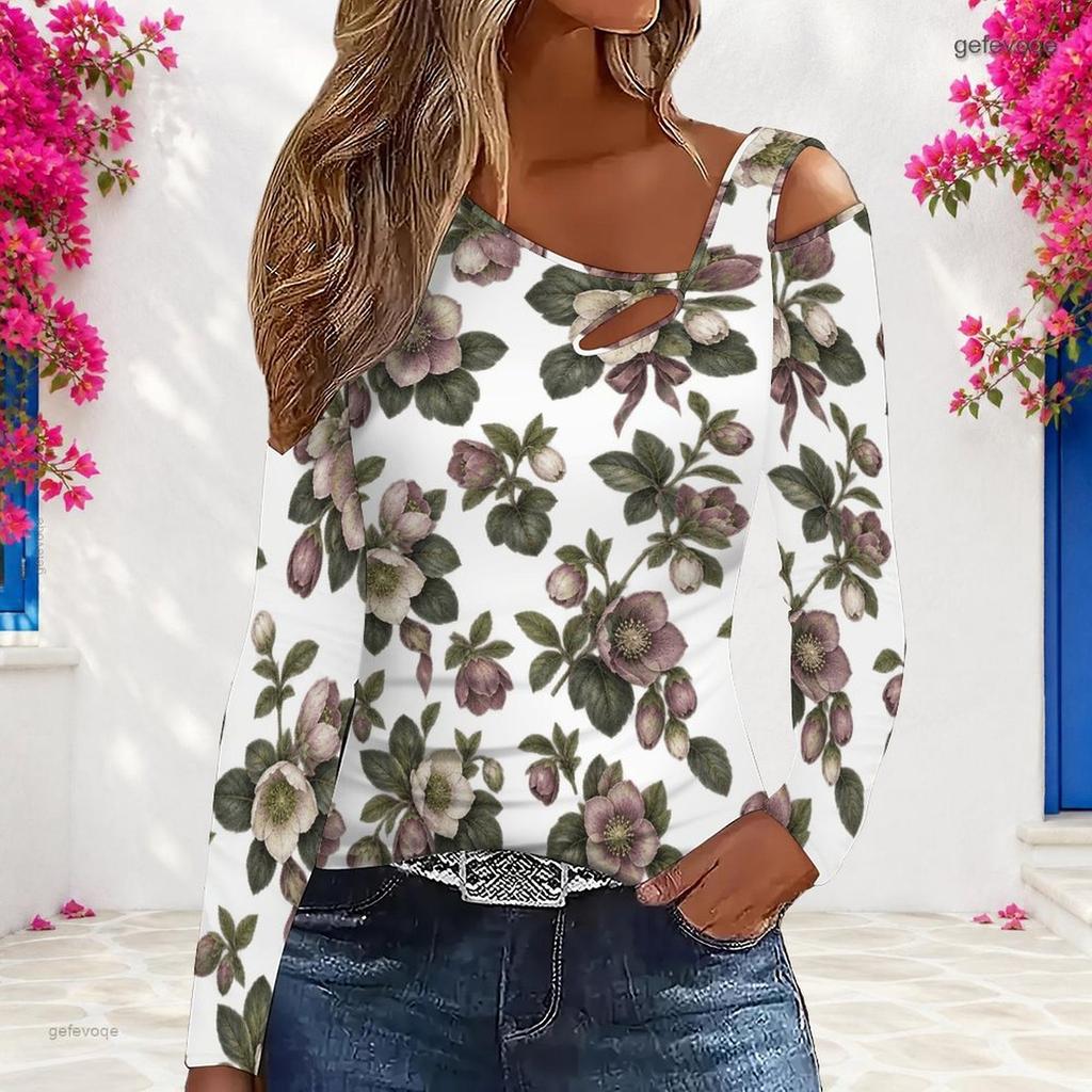 Women Plus Size White Asymmetric Cutout Neck Cold Shoulder Long Sleeve Floral Printed Fitted Top