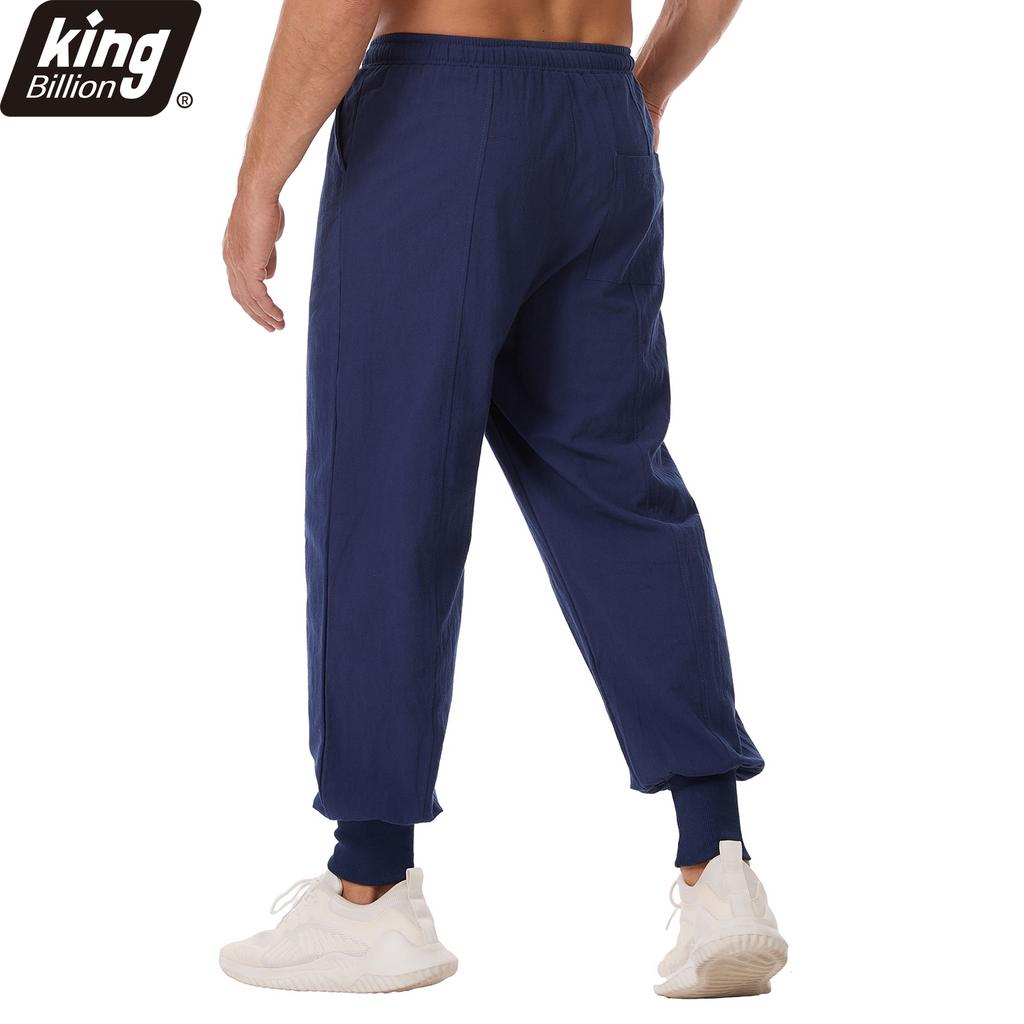 Men's Linen Blend Harem Pants - Contrast Drawstring Elastic Waist Loose Fit Casual Joggers with Ribbed Cuffs in Navy Blue