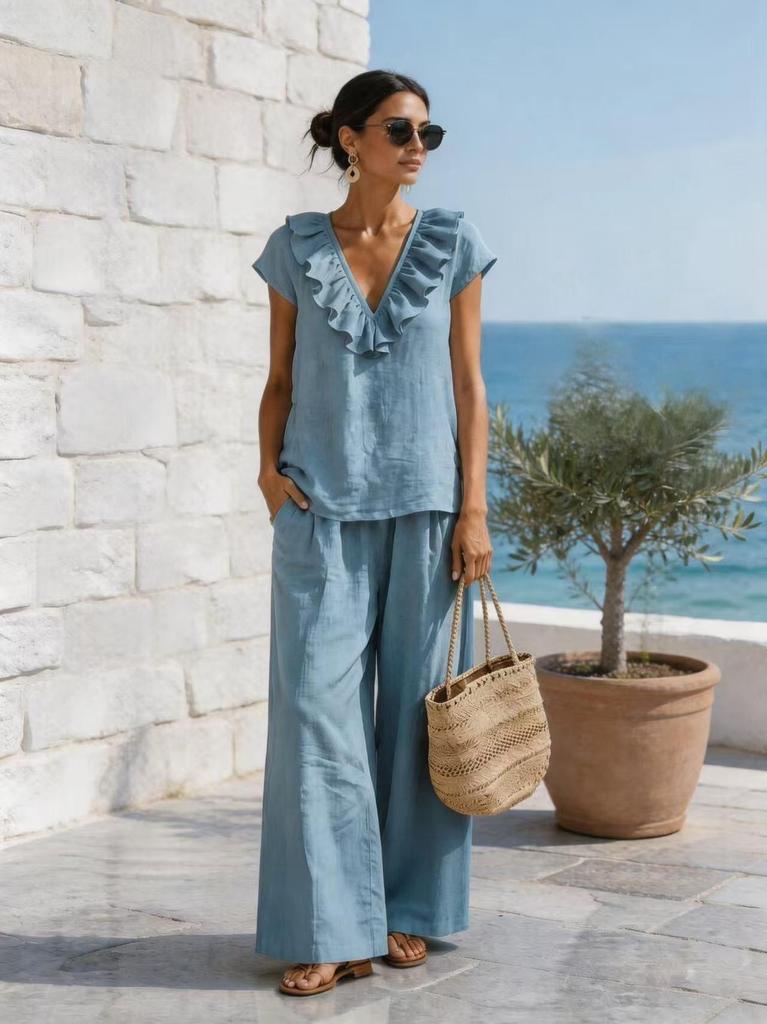 2026 Cross-border European and American romantic French light luxury vacation ruffle V-neck top and loose wide-leg pants set