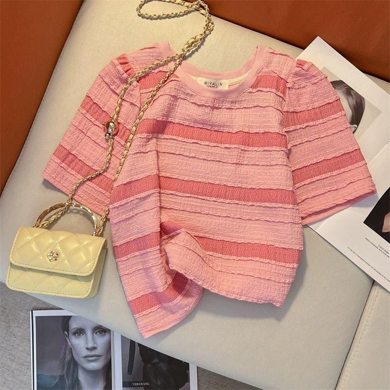 Pink striped short-sleeved t-shirt women s summer dopamine wear foreign style age-reducing small French sweet short top S