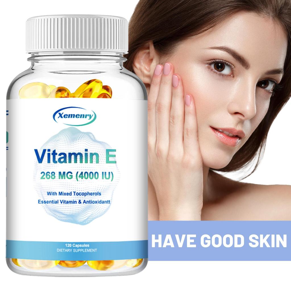 Vitamin E capsules, support antioxidant protection, all-natural, non-GMO, vegetarian, suitable for both men and women.