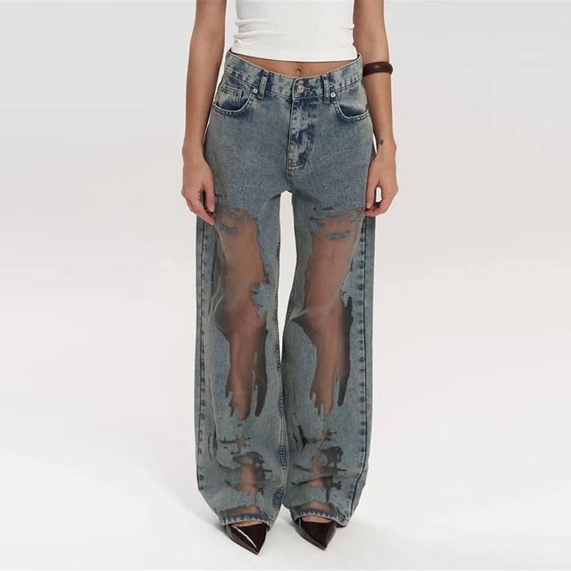 

Джинсы женские с высокой талией и широкими штанинами, с сетчатыми вставками, женские модные уличные брюки в стиле «прогресс» XL серый