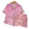 Ice Silk Pajamas Women'S Summer Pink Striped High-Value Cool Short-Sleeved Loungewear Fashion Suit