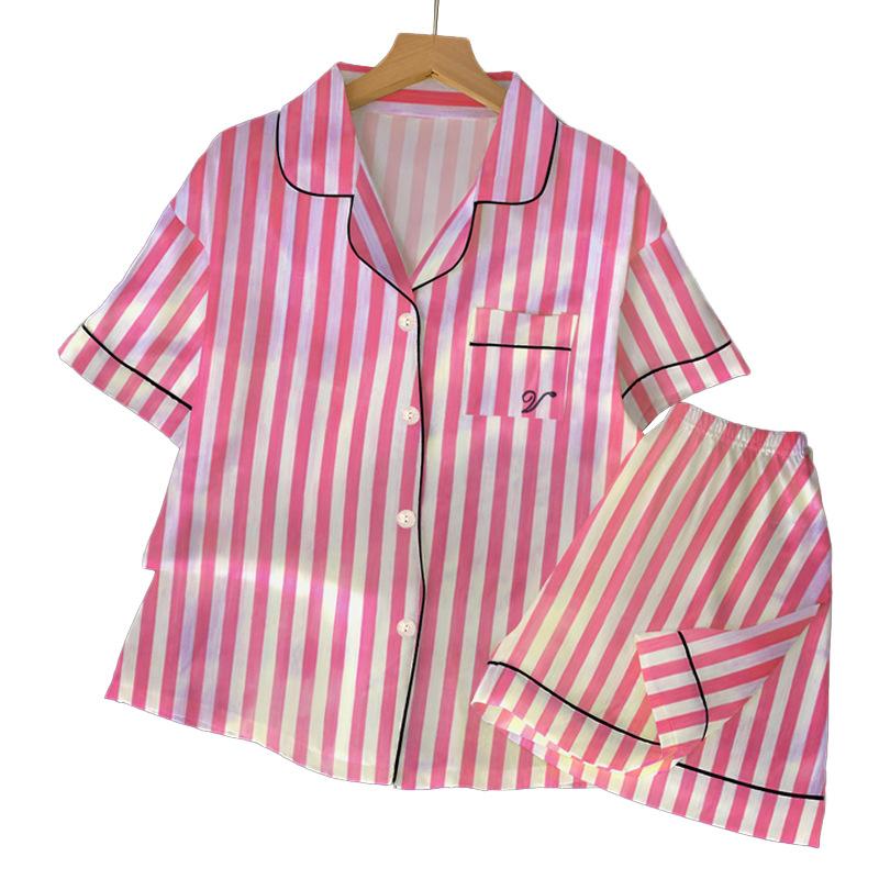 Ice Silk Pajamas Women'S Summer Pink Striped High-Value Cool Short-Sleeved Loungewear Fashion Suit