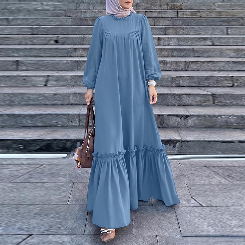 ZANZEA Women Muslim Casual Round Neck Solid Color Long Sleeve Loose Long Dress S синий