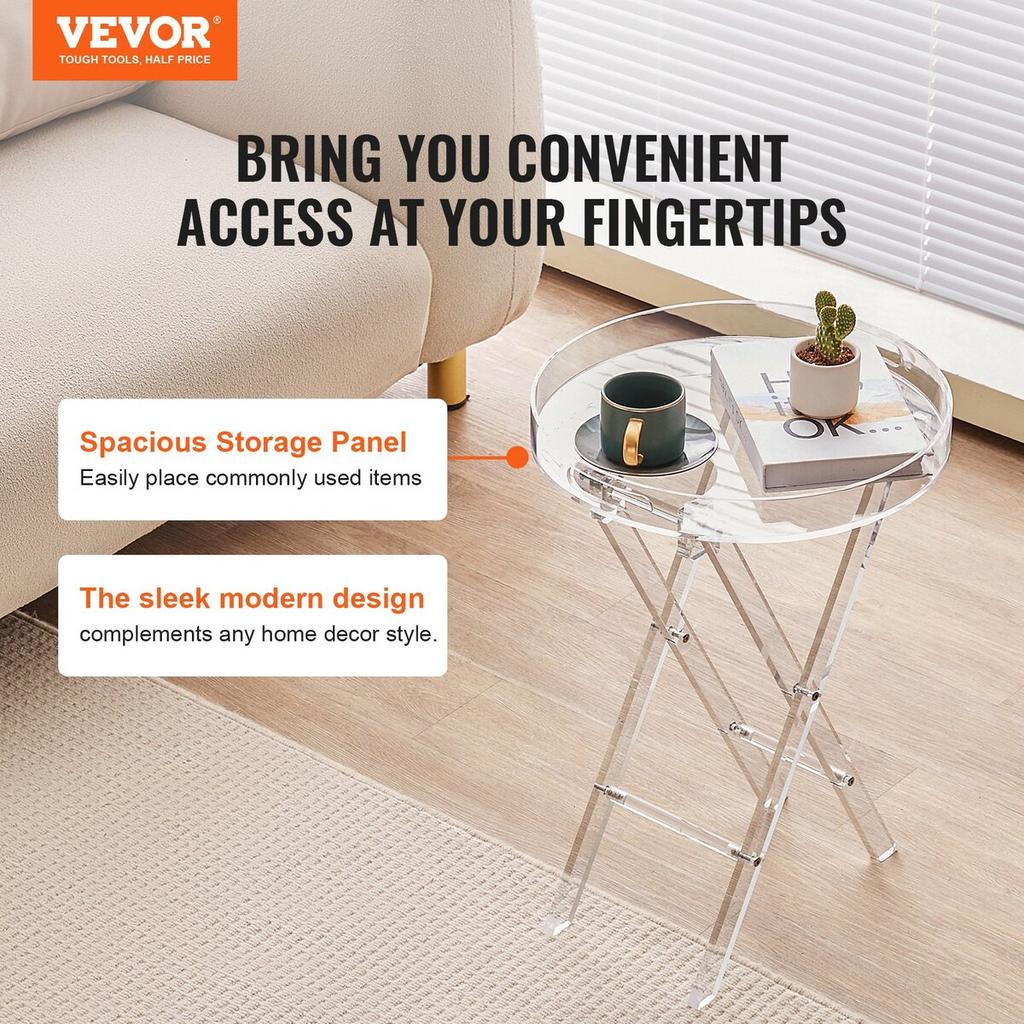 Acrylic Folding Tray Table, Acrylic End Table with Folding X Leg, Clear Acrylic Side Table for Coffee, Drink, Food, Snack Used In Living Room,