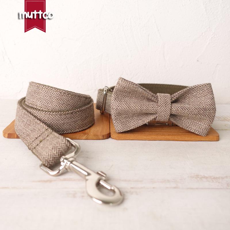 MUTTCO Light Brown Dog Collar & Leash Set with Bow Tie, UDC-119. XL