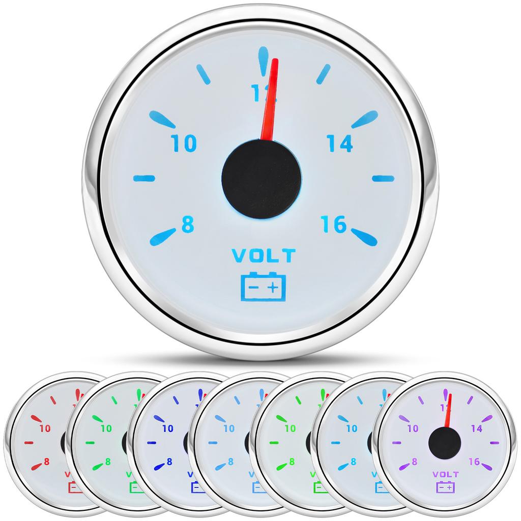 HD 52mm Digital Pointer Car Boat Voltmeter Auto Volt Indicator Voltage Gauge 12V/24V Car Volt Gauge 8~16V with 7 Color Backlight