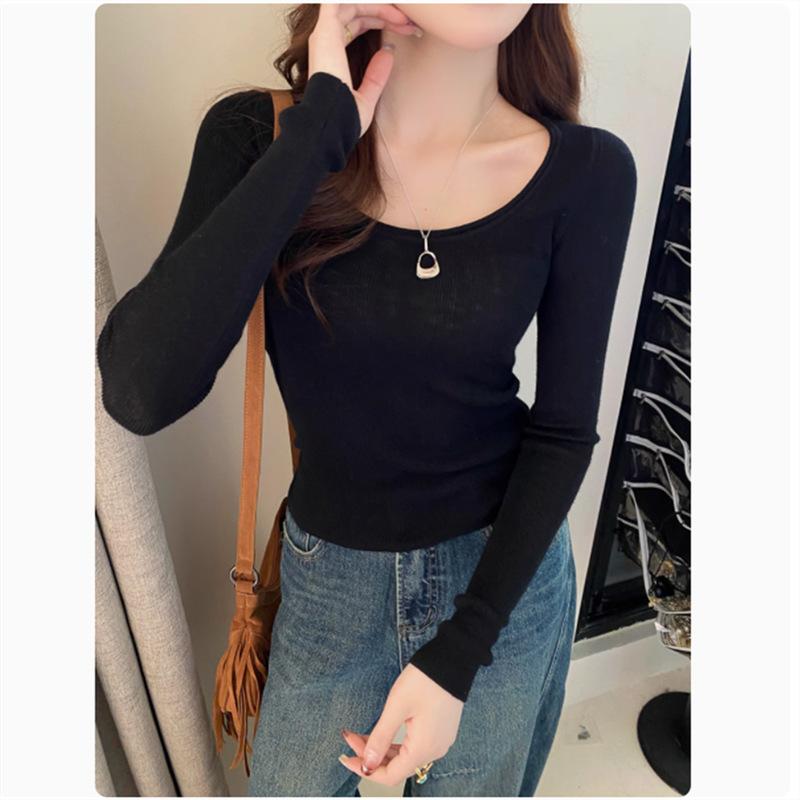 Long-sleeved Bottoming Shirt Women's Clothing with Autumn New Crew Neck Sweater Solid Color Slim-fitting and Thin Long-sleeved Knitted Sweater