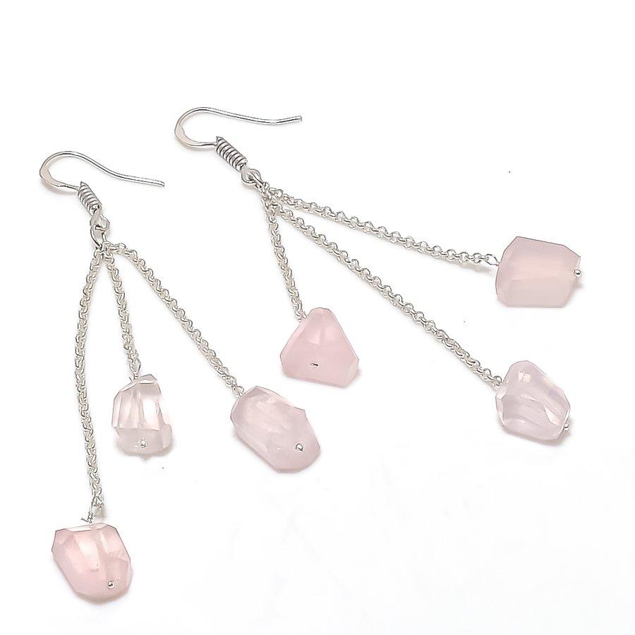 Rose Quartz Gemstone Handmade 925 Sterling Silver Jewelry Earring 3.35" KJ-883