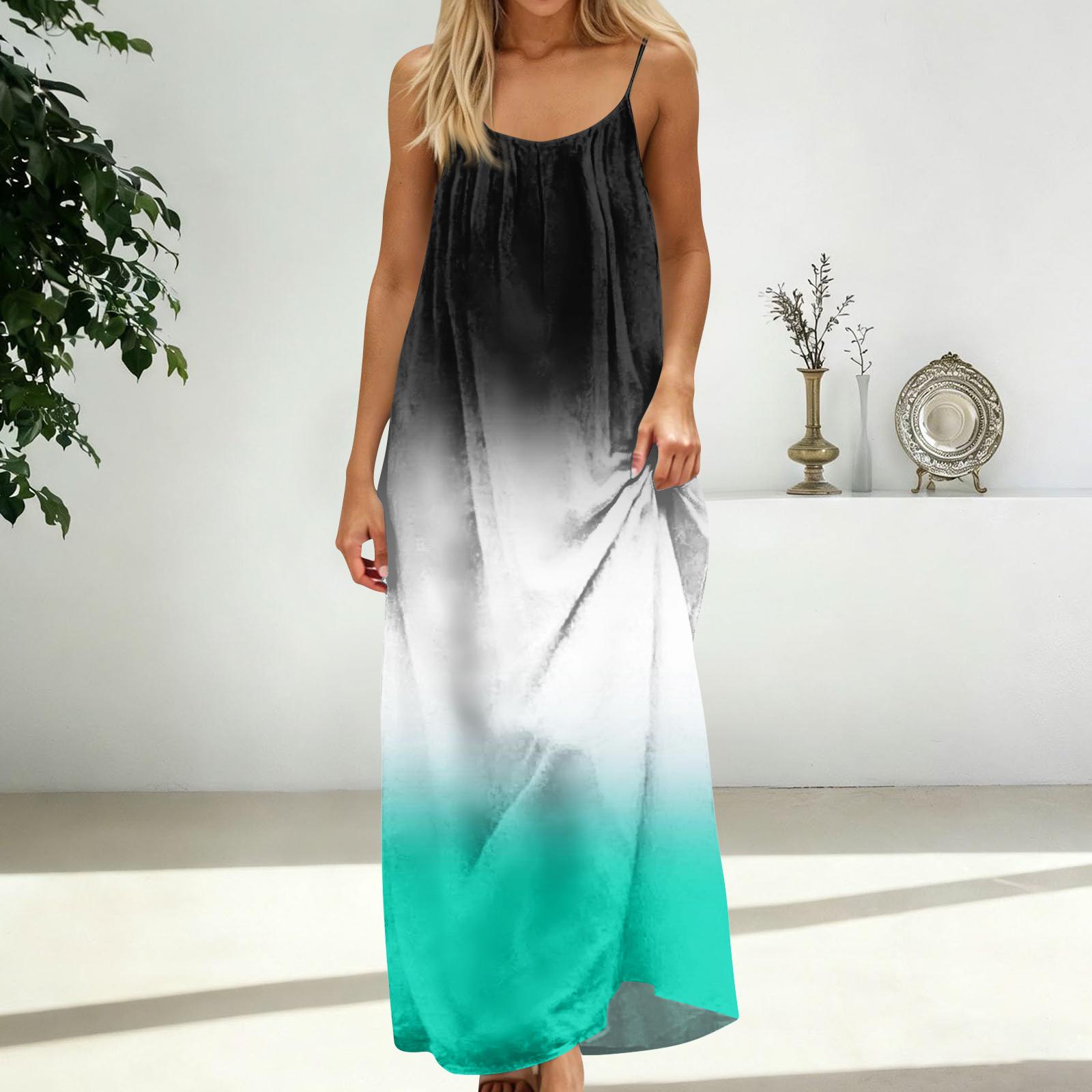 

Женское модное повседневное свободное платье с принтом градиент и открытой спиной на тонких бретельках M циан