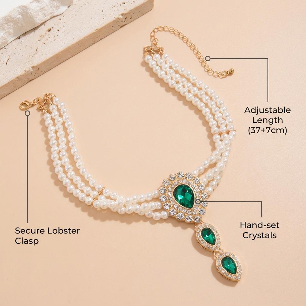 Retro Micro Inlaid Rhinestone Imitation Pearl Choker for Women Luxury Crystal Water Drop Pendant Necklace Party Wedding Jewelry