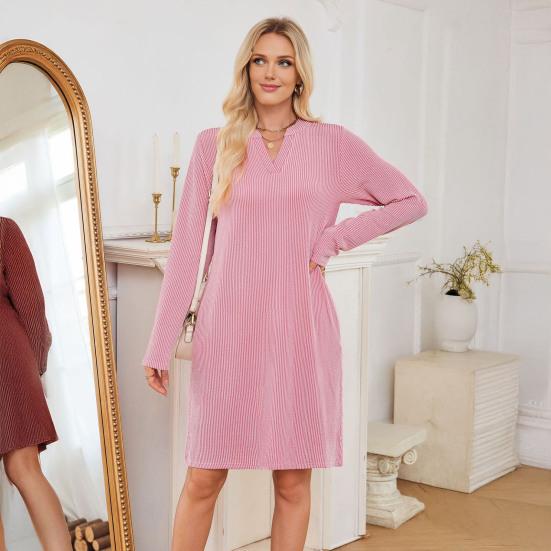Women's Fall Winter Ribbed Knit Dress Casual Long Sleeve V Neck Mini Dress Loose Pullover Sweater Dress with Pockets