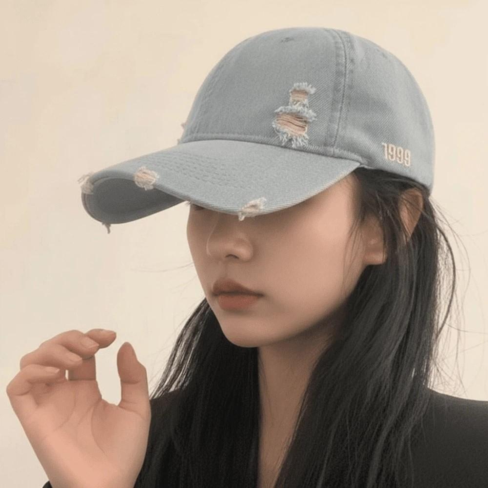 Adjustable Frayed Denim Baseball Cap Sunscreen Versatile Unisex Retro Peaked Hat Sunshade Polyester Distressed Blue Casquette