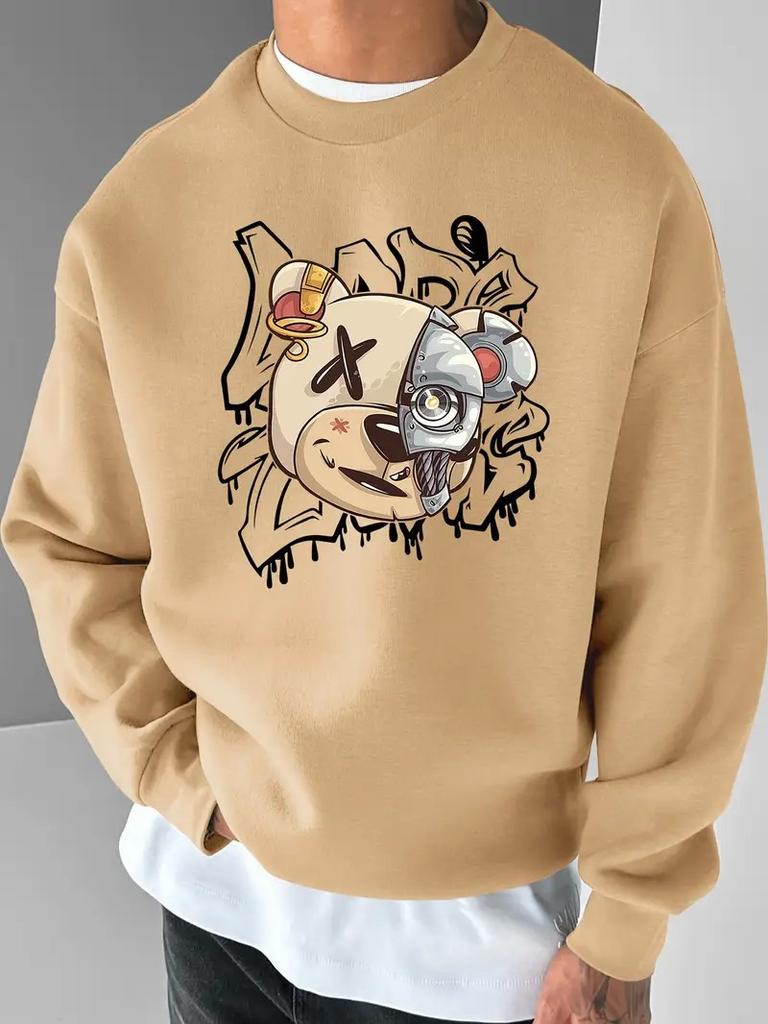 Der Herren-Kapuzenpullover mit Rundhalsausschnitt für Frühling und Herbst zeichnet sich durch einen lässigen und bequemen 3D-Bärenaufdruck auf der Straße aus.