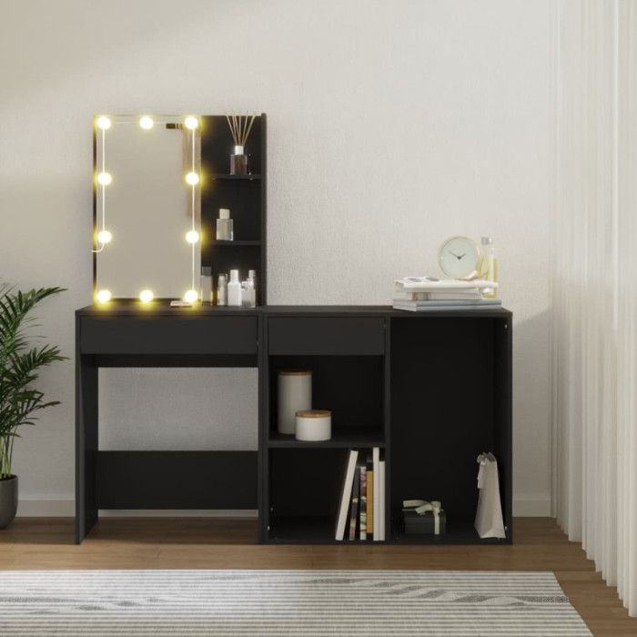 VidaXL LED Dressing Table with Cabinet Black Engineered Wood, Dressing Table with Mirror, Dressing Table with Lights, Dressing Table with 3082018