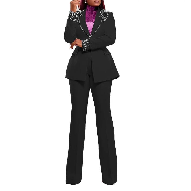 Fashion Pearl Splicing Women's Set Long Sleeve Blazer Wide Leg Pants Suit Winter Set Outfit