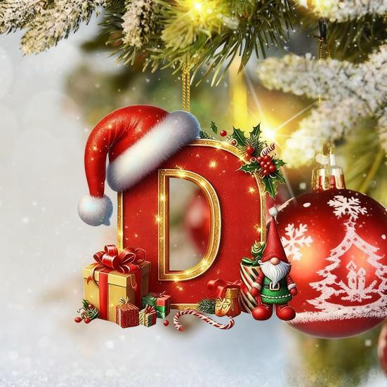 Red Initials Christmas Ornaments 2D Acrylic Personalized Gnomes Monogram Pendant with Santa Hat 26 Letters Christmas Tree Hanging Decoration for Xmas