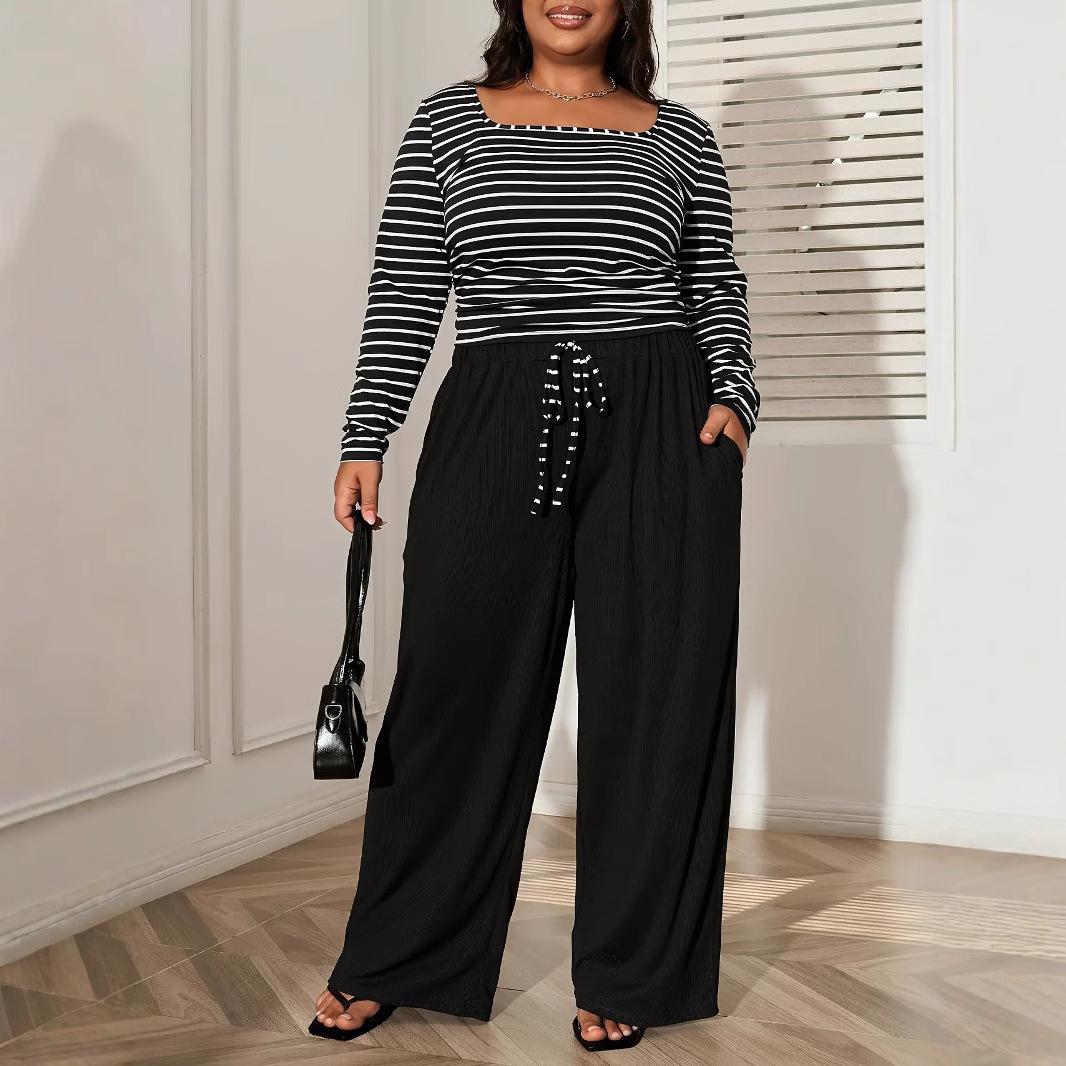 

Женский повседневный полосатый топ с длинными рукавами и длинными брюками больших размеров 4XL чёрный
