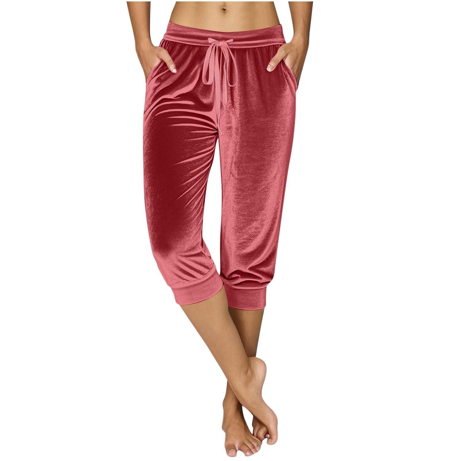 

Women s Fashionable Solid Color Pocket Pants High Waist Sports Casual Cropped Pants XL арбуз красный