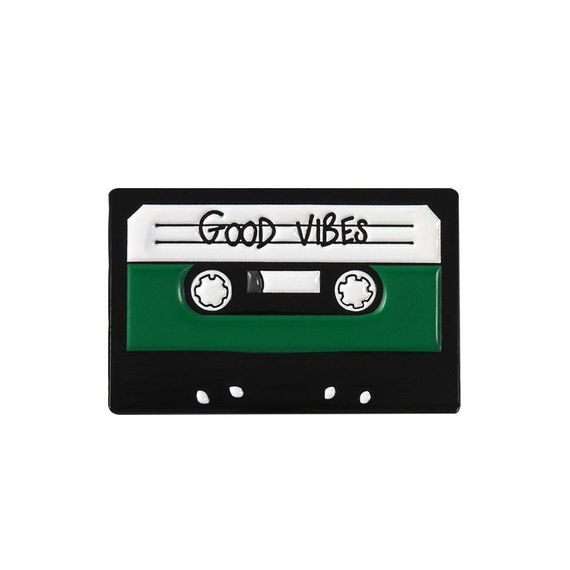 Retro Cassette Tape & Vinyl Record Skull Hand Enamel Pin Brooch