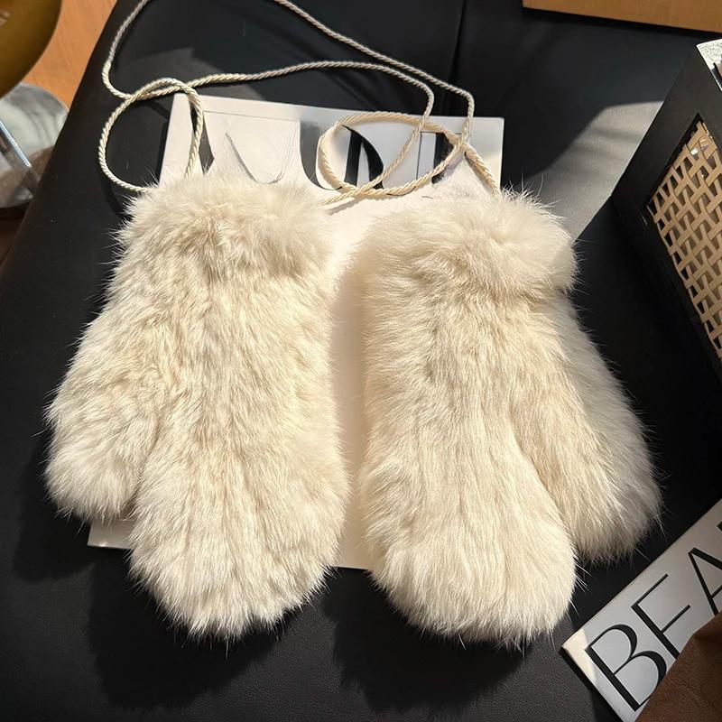 Winter Women Real Rabbit Fur Gloves Natural Thick Style Rabbit Fur Mittens Outdoor Girls Keep Warm Hand Knitted Fur Glove
